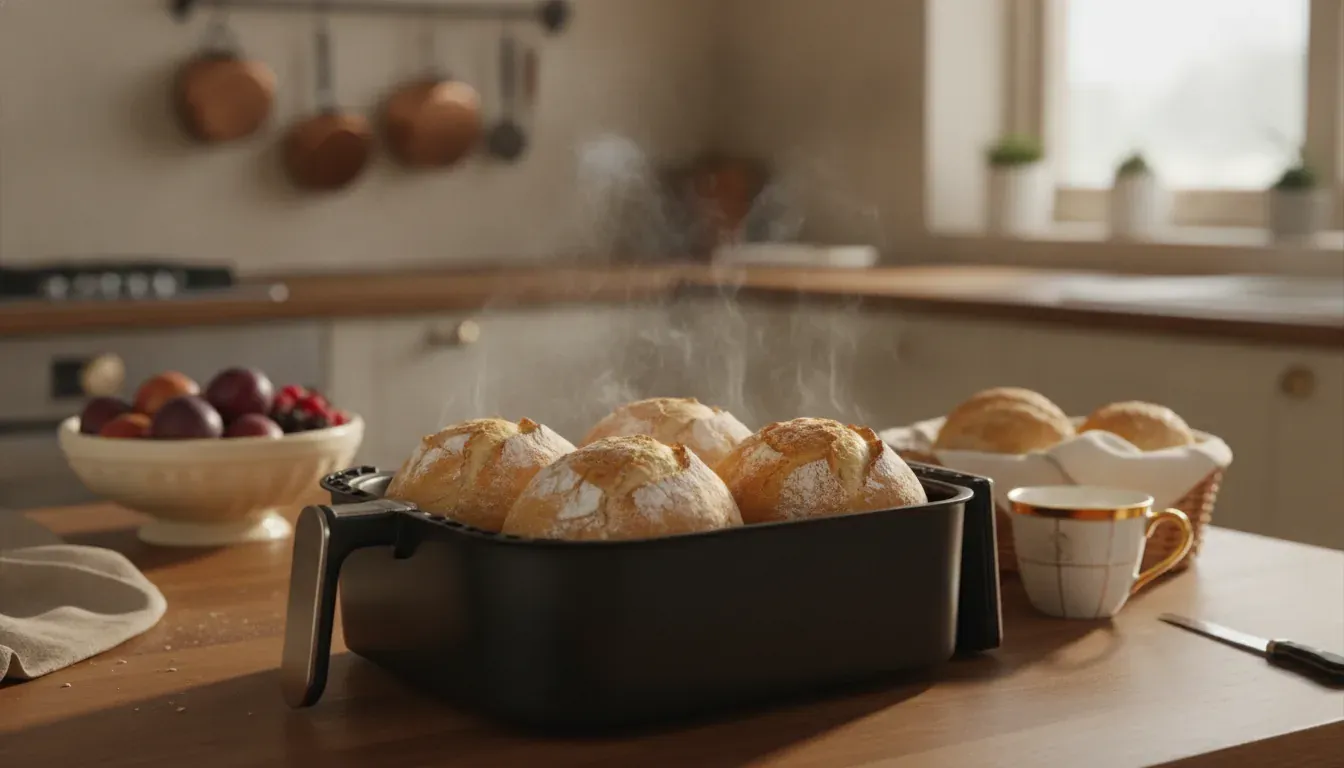 Goldene Brötchen im Korb einer Heißluftfritteuse