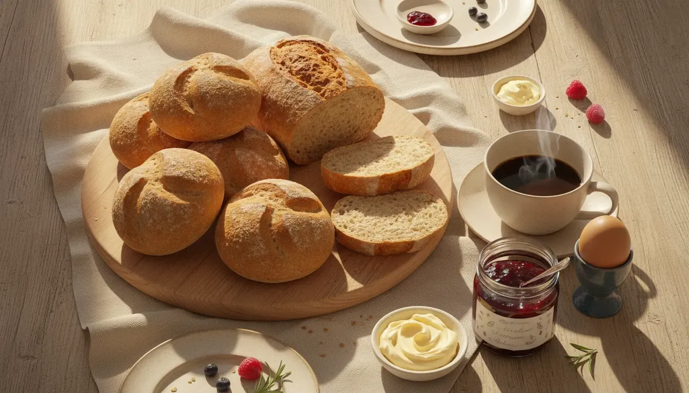 Dinkel-Frühstückstisch mit frischen Semmeln, Brot und Kaffee