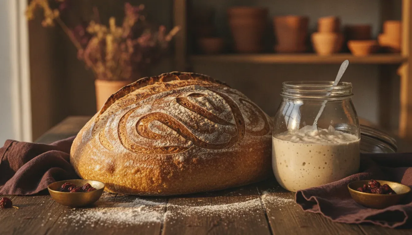 Dinkel-Sauerteigbrot mit Sauerteig-Ansatz im Glas