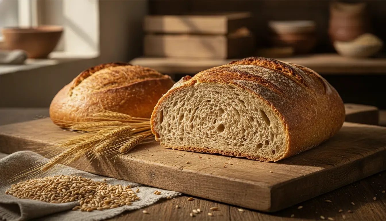 Frisch gebackenes Dinkelbrot aufgeschnitten mit Dinkelähren und Dinkelkörnern auf einem Holzbrett