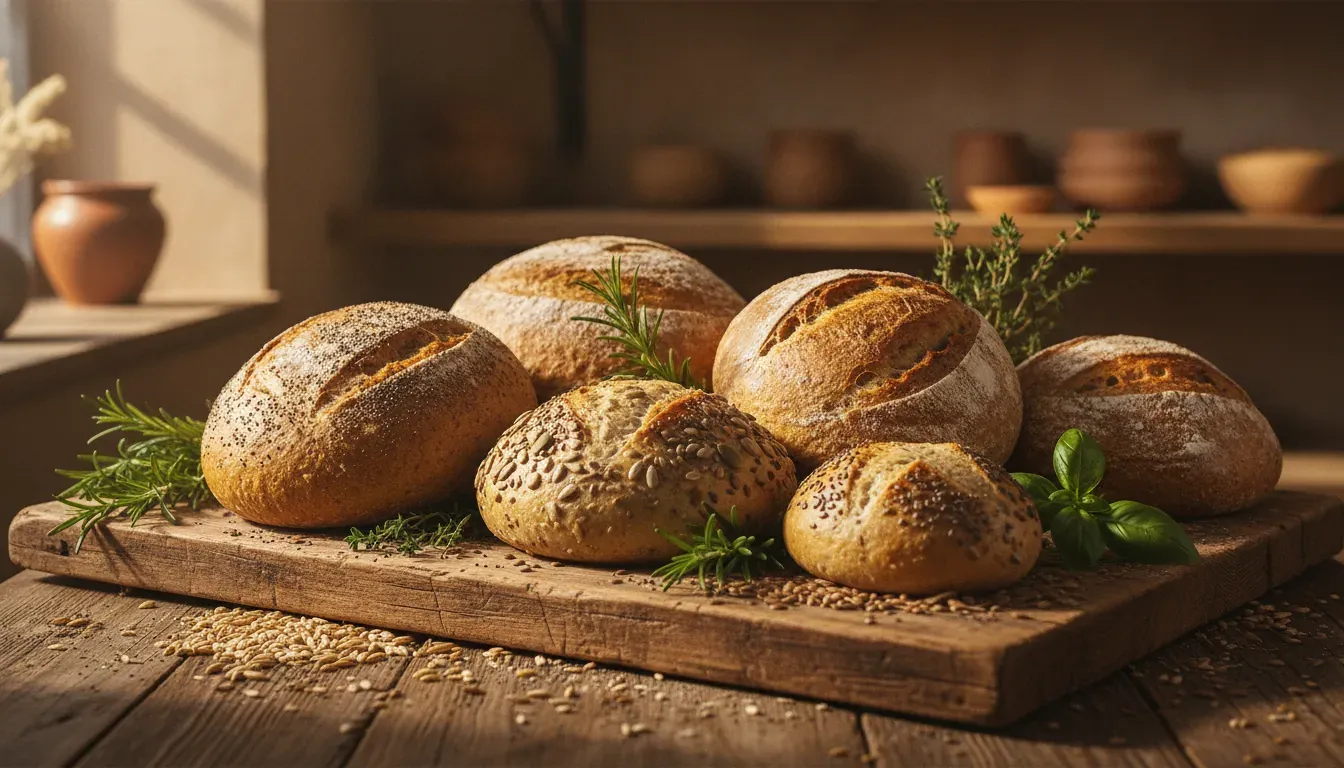 Auswahl veganer Dinkelbrote und -brötchen auf einem Holzbrett