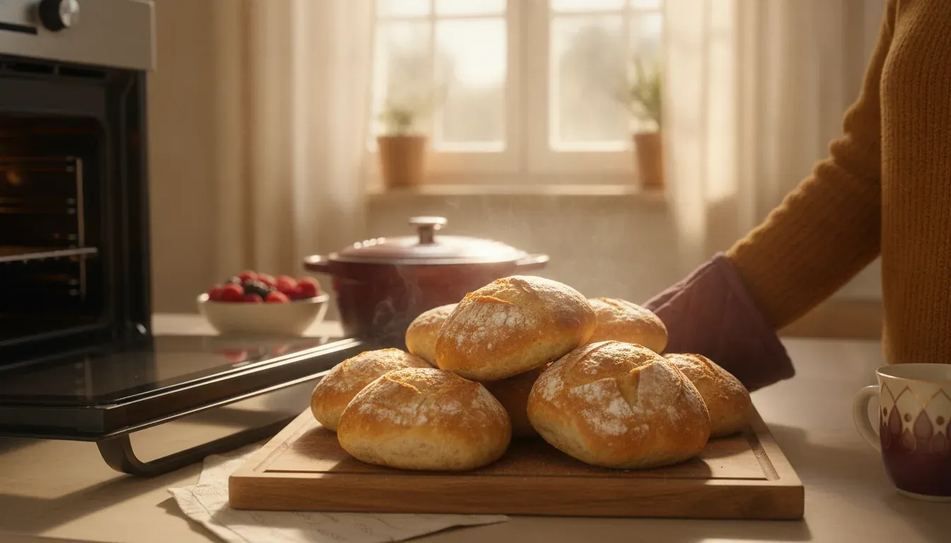 Frisch aufgebackene goldbraune Brötchen auf einem Holzbrett vor dem Ofen