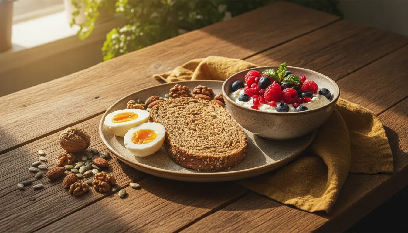 Proteinreiches Frühstück mit Dinkelbrot, Quark, Eiern und Nüssen
