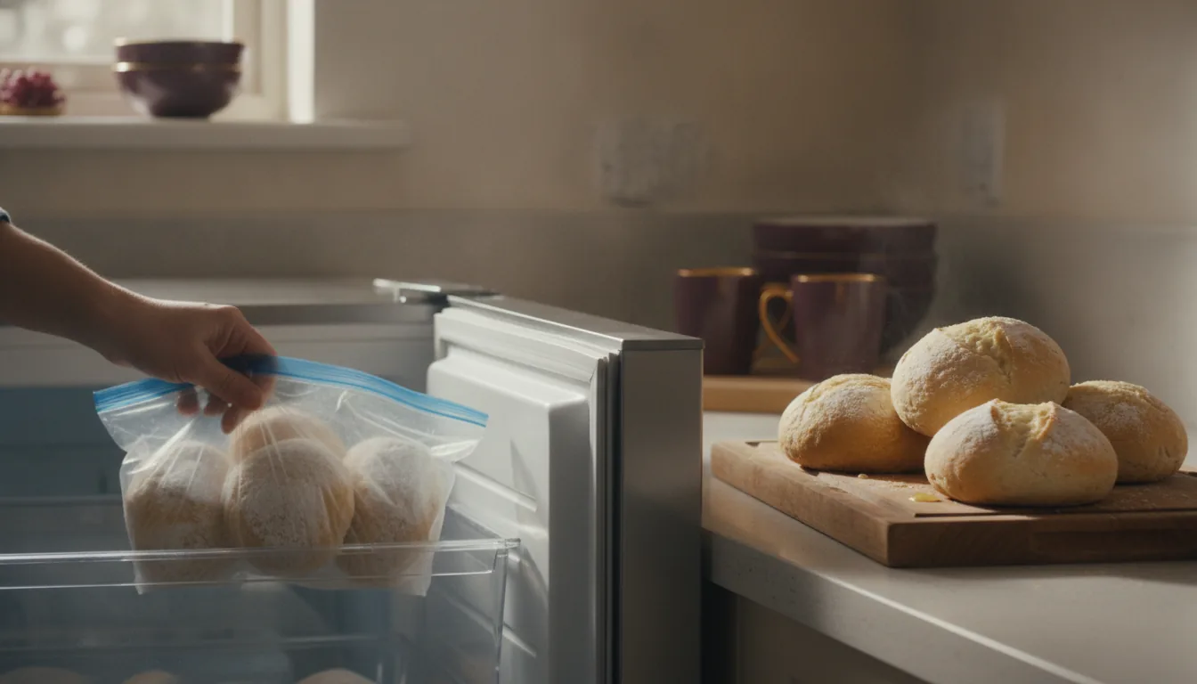 Gefrorene Brötchen aus dem Froster und frisch aufgebacken